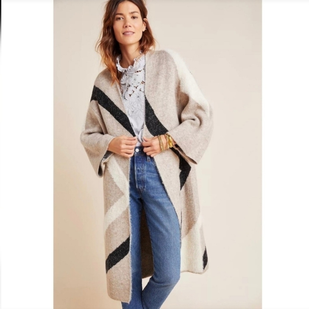 Anthropologie Akemi Kin Antonia Duster Cardigan Cozy Beige and Black Women's OS